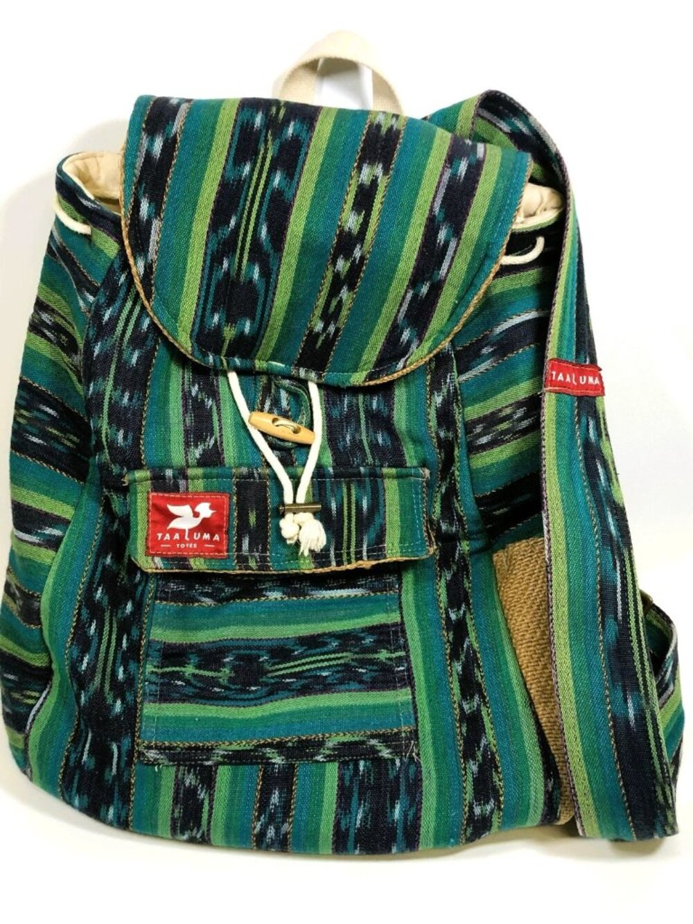 Taa Luma Totes Backpack Guatemalan Hand Woven Textile Bag Green Blue Stripes